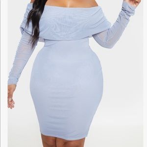Plus Dusty Blue Ruched Bardot Mesh Midi Dress